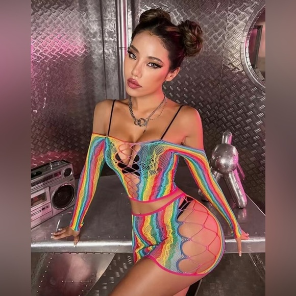 Sexy Bodycon Fish Net Teddy Rainbow 2 Piece Skirt and Top Set - Picture 3 of 6